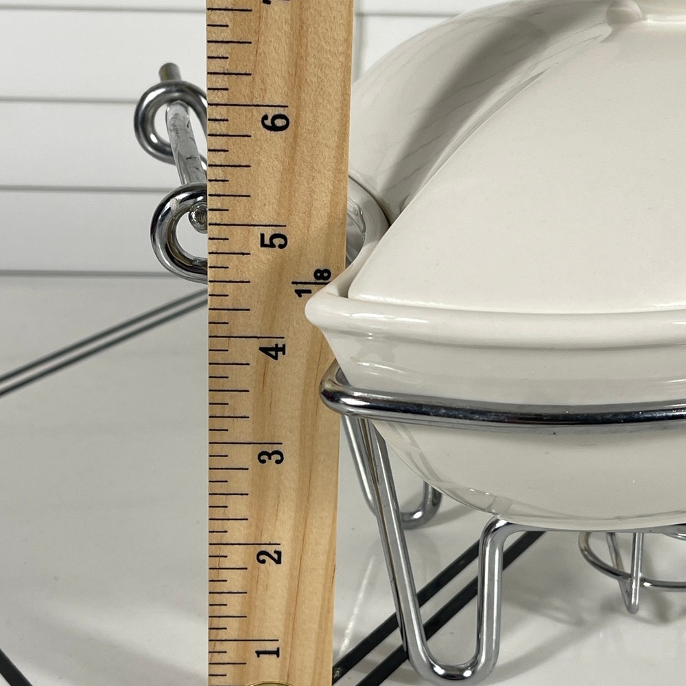 Godinger 1 QT Covered Porcelain Baker w Chrome Warmer Stand White Vintage - Picture 8 of 15